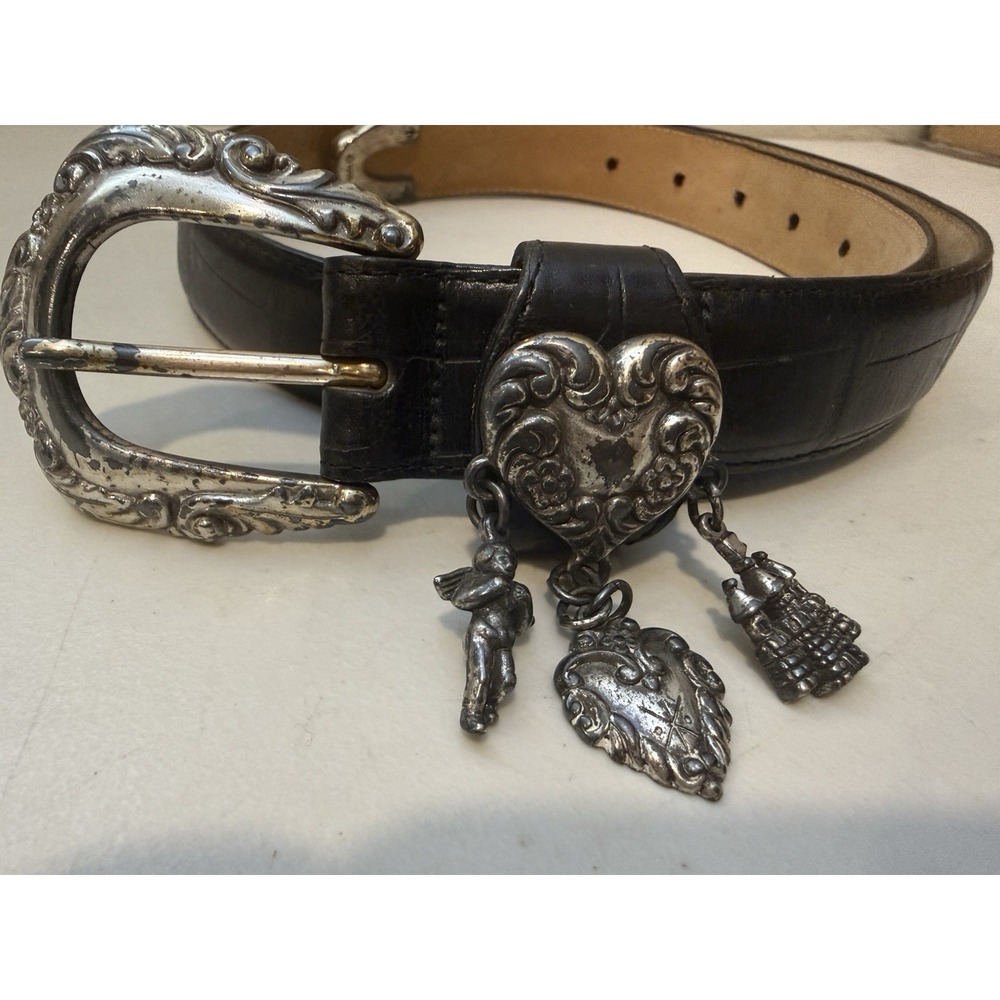 Vintage BRIGHTON Black Leather Belt Silver Heart Charms Sz M 35"L 42903 1996 - Picture 2 of 15